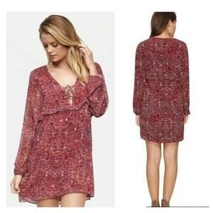 Tavik Womens The Upside Red Floral Boho V Neck Long Sleeve Mini Lined Dress L